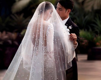Classic Pearl Wedding Veil - Two Layer with Blusher and One Layer Bridal Veil - Ivory and White Veil with Comb - Custom Length Options