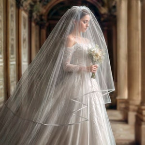 Two Tier Satin Trim Cathedral Veil, Satin Ribbon Cathedral Veil, Cathedral Veil with Blusher, Two Layer Chapel Length Veil, Wedding Veil