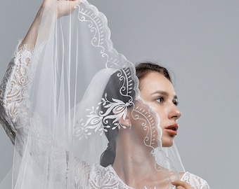 Brautschleier mit Stickerei am Rand Klassischer einteiliger Schleier Langer zweiteiliger Brautschleier Hochzeit aus weißer Spitze Ivory Brautschleier