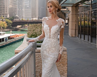 Mermaid Wedding Dress: 3D Floral Lace, Detachable Skirt, Ivory Bridal Gown