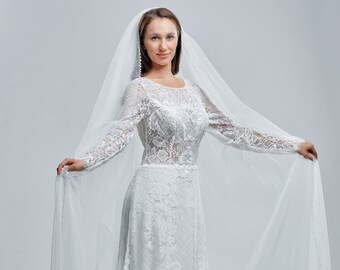 Lśniący welon ślubny, Elegancki welon kryształowy, Długi dwuwarstwowy welon ślubny, Błyszczący welon na ślub, Długi welon katedralny, Welon ślubny w kolorze kości słoniowej