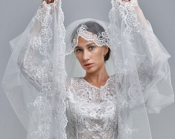 Ivory Lace Wedding Veil: Embroidered Bridal Veil, Single Tier