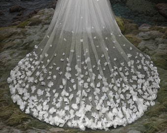 Floral Cathedral Wedding Veil: Tulle Flower Appliqué, Ivory White