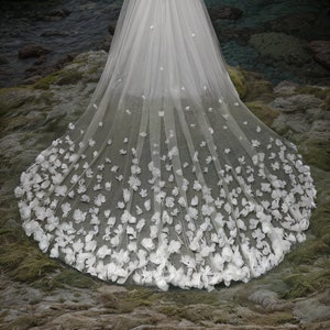 Floral Cathedral Wedding Veil: Tulle Flower Appliqué, Ivory White