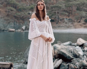 Boho Wedding Dress: Ivory Chiffon with Lace Details
