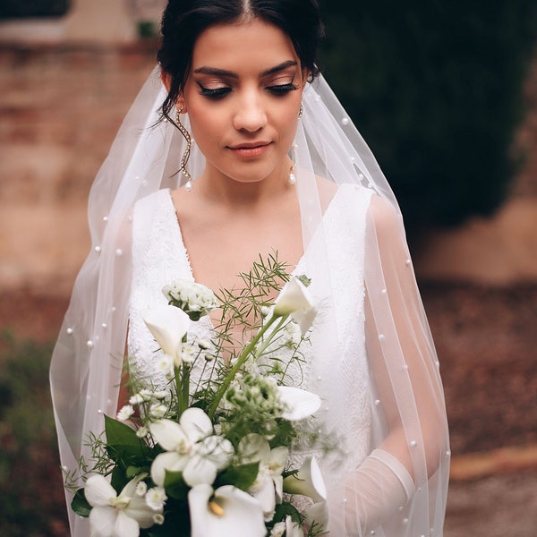 White Pearl Bridal Veil Pearl Bridal Veil Bridal Veil with Pearls Long Veil Ivory Wedding Veil Simple Veil Single Layer Veil Bright Veil