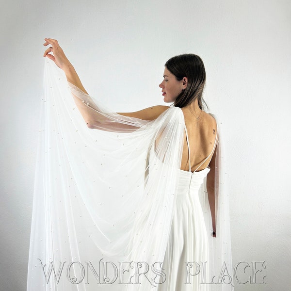 Angel Wing Veil: Long, Airy Bridal Shoulder Cape of Tulle and Pearls in White, Ivory, for Glamorous Elegance or a Fantasy-inspired Look