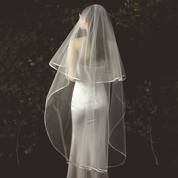 Cathedral veil with blusher Two layer chapel length Veil Ivory wedding veil White long weil Fingertip Veil light Simple bridal veil Double
