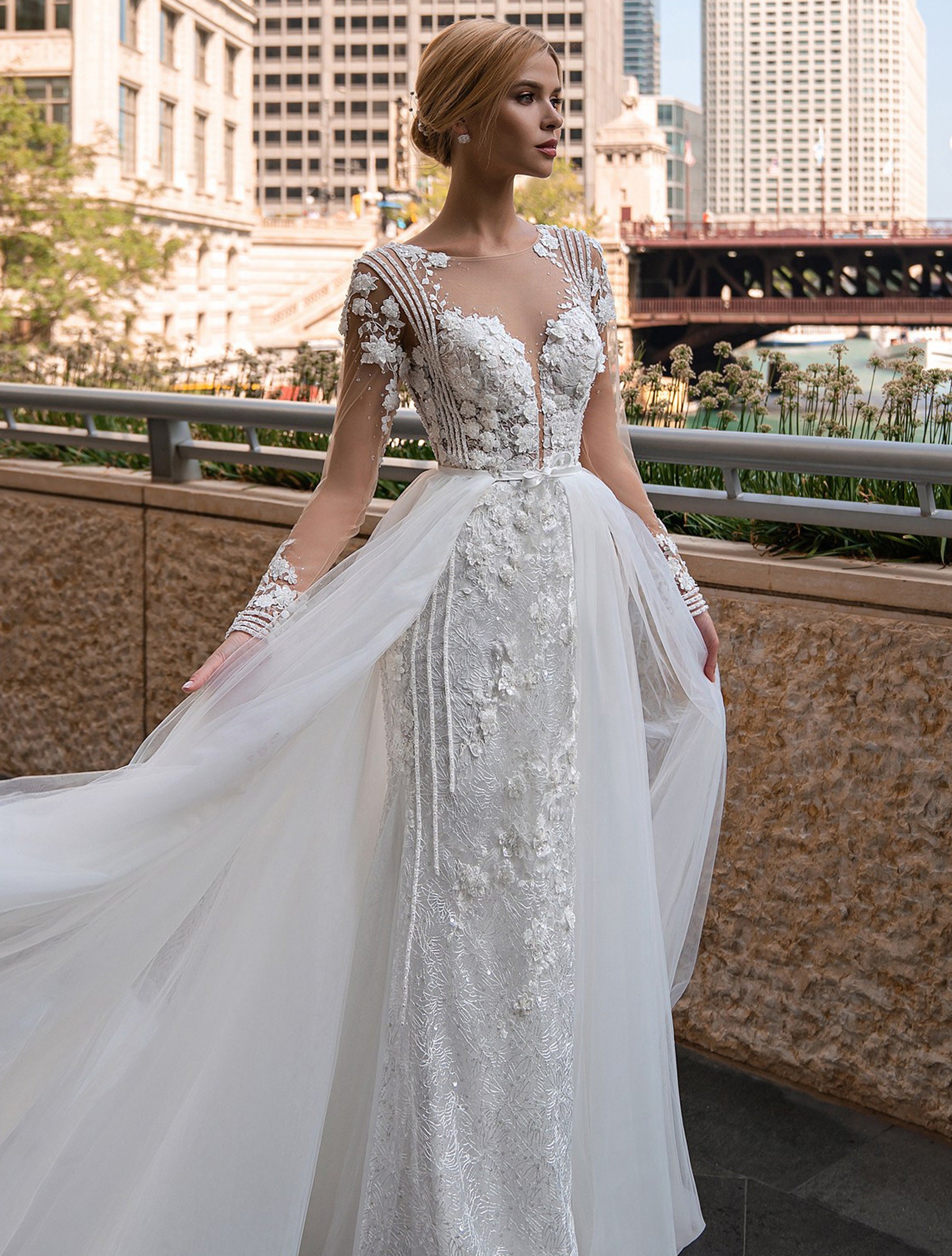 Mermaid Wedding Dress, Detachable Skirt Wedding Dress,3d Flower Lace ...