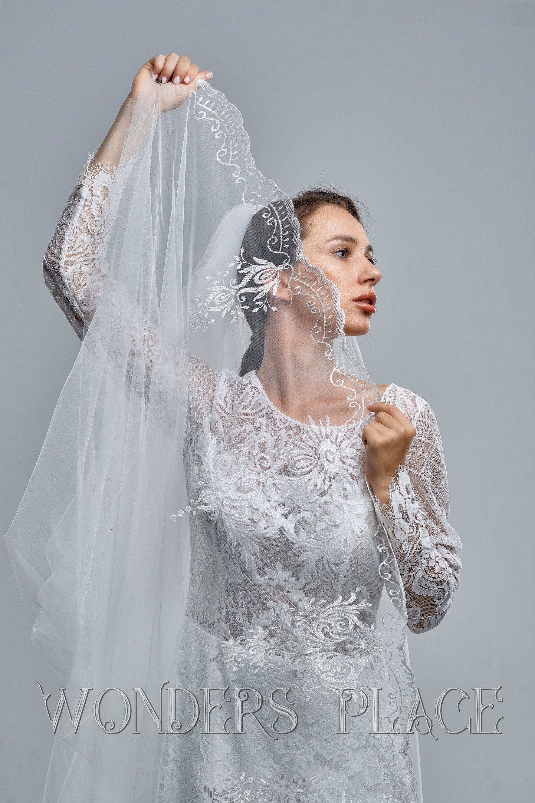 NEW Bridal Classic White Lace embroidered Veil Cartier Veil | Wedding Veil – Grace Loves Lace US main image 4