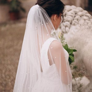 Cathedral and Fingertip Bridal Veil with Pearls | Single Layer Long Wedding Veil | Ivory or White Pearl Veil for Bride | Custom Length Veil
