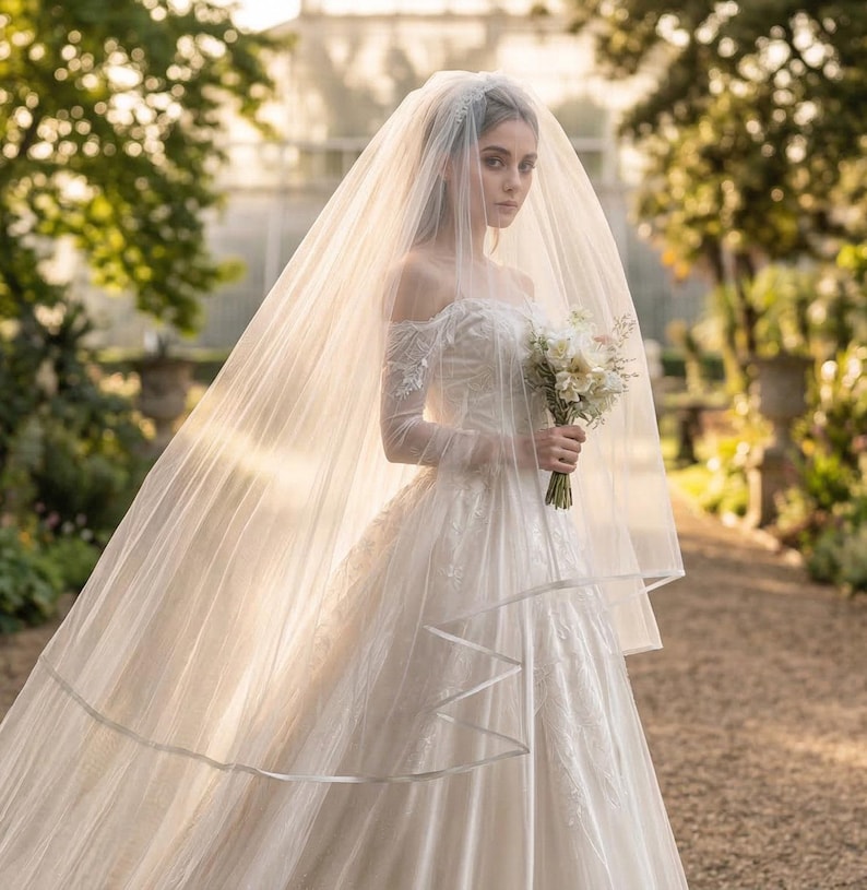 May include: An off-the-shoulder white wedding dress with intricate lace detailing on the bodice and a full skirt. A long, sheer, floor-length veil covers the head and shoulders, and a bouquet of white and cream flowers is held in the hands.