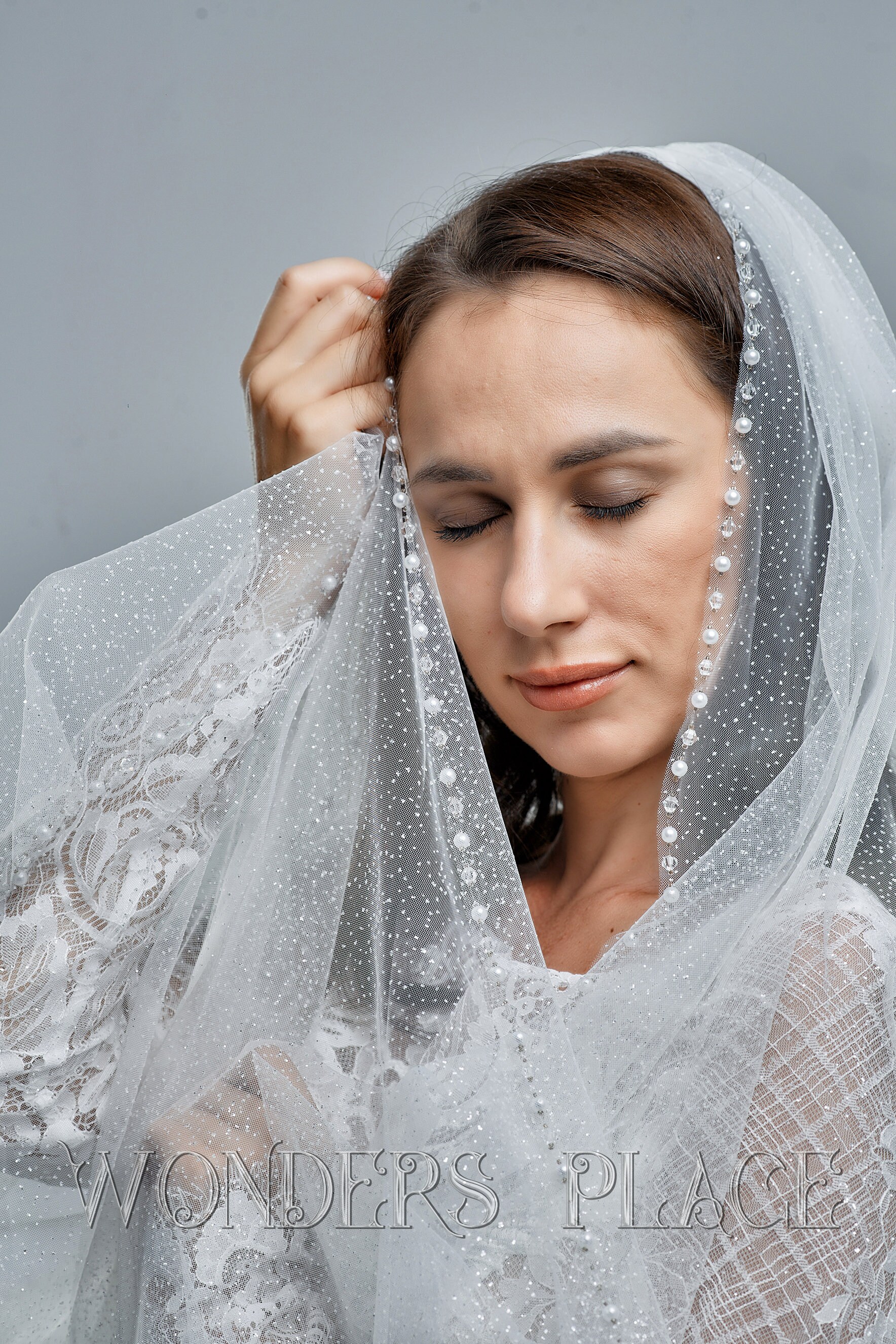 Sparkling Ivory Wedding Veil | Cathedral Length One Tier | Glitter | Metal Comb Glitter Veil, Cathedral Length, Single Tier – Calily Bridal main image 3