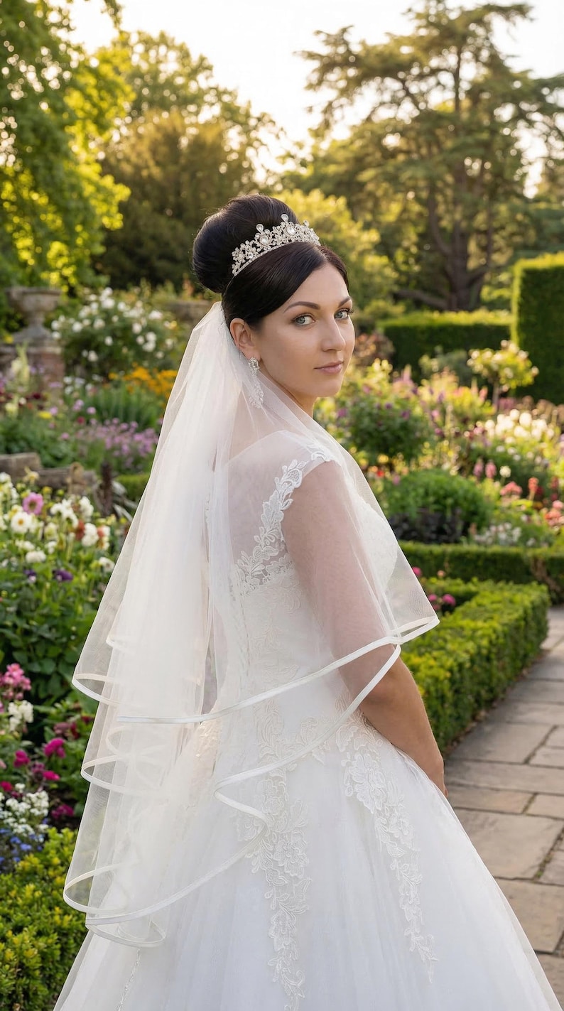 May include: A white wedding dress featuring intricate lace detailing on the bodice and a layered tulle skirt. A sheer, multi-tiered veil with a satin ribbon edge is attached to the hair, which is styled in an updo with a silver crystal tiara.