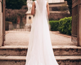 Chapel and Cathedral Bridal Veil with Pearls | Two-Layer Blusher and One-Layer Wedding Veil | Ivory and White Pearl Veil for Bride with Comb
