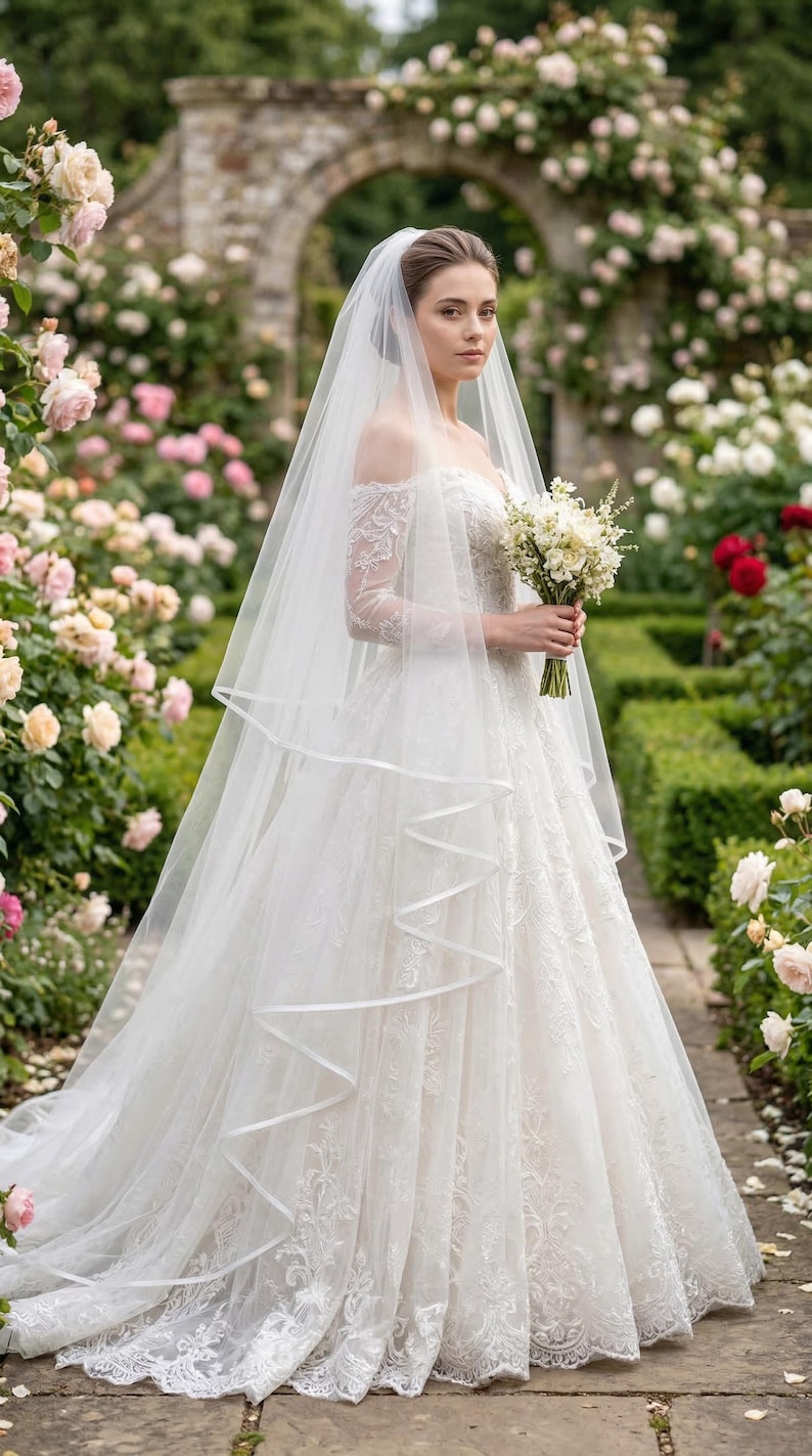 Full-length two-tier bridal veil extending behind the bride.