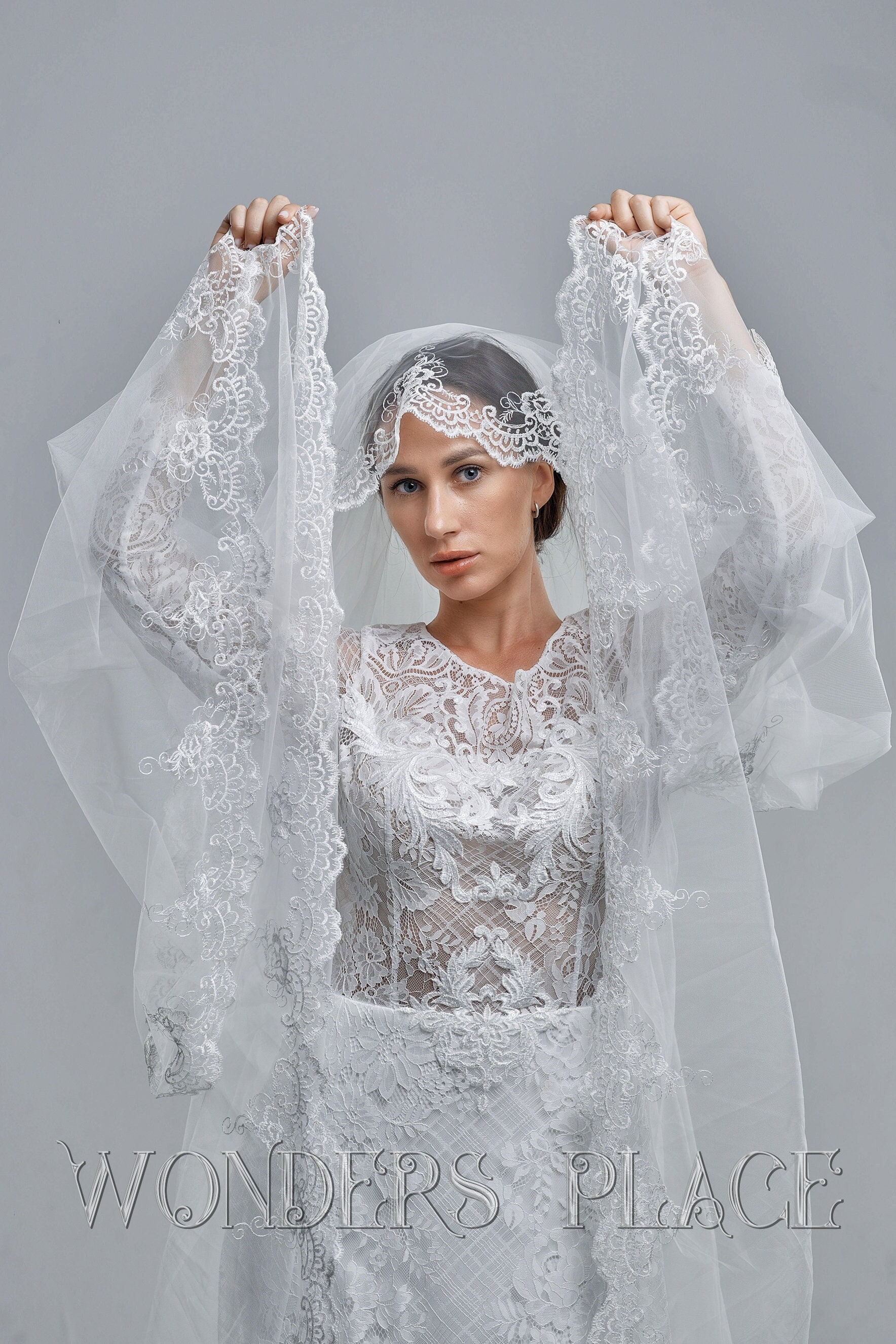 One Blushing Bride Peace - Fingertip Length Wedding Veil with Scalloped French Lace Trim Light Ivory / Fingertip 35-38 inch / Beading
