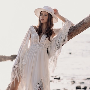 Bohemian Style Dress: Exclusive Quality Lace Luxurious Details Feminine Comfort Freedom of Movement. Perfect for a Beach Wedding Bridal Gown