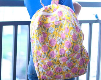 Mochila acolchada con estampado de bloques hecha a mano, mochila escolar 100% algodón, bolso de mujer vintage boho mochila de viaje/picnic/vacaciones, bolsos personalizados