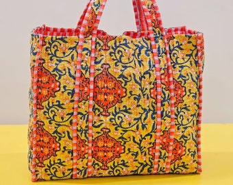 Bolso de mano grande de hombro acolchado de algodón, bolso de mano de comestibles con estampado de bloques hecho a mano, bolso de mano para mujer, regalo de vacaciones, bolsa de viaje/compras personalizada