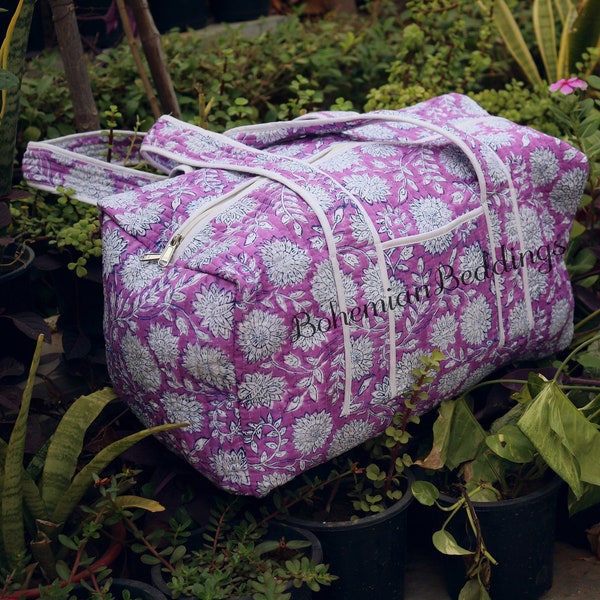 Vintage Boho Weekender Bag, Hand Luggage Shoulder Bag Women Floral Print Washable Overnight Bag, Cotton Large Duffel Travel Bags For Women