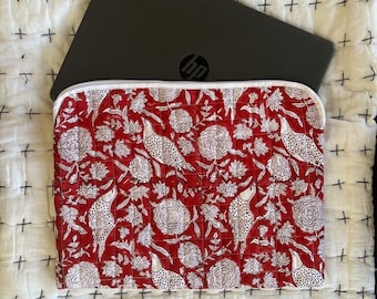 Large Cotton Quilted Laptop Sleeve, Floral Laptop Bag, Block Printe Boho Laptop Cover, Macbook Air 15 Inch Case, Bohemian iPad Pouch