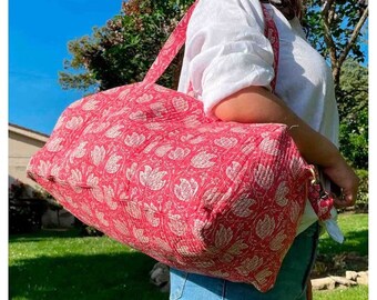 100% Cotton Quilted Duffel Bag, Large Shoulder Bag, Handmade Gift For Mom,  Hand Luggage Bag For Womens, All Size Boho Travel Bag For Sale