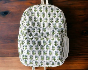 Block Print Quilted Backpack Cotton Floral Girl's School Bag Custom Toddler Backpack Travel Backpack For Traveler Handmade Picnic Bag--Gifts