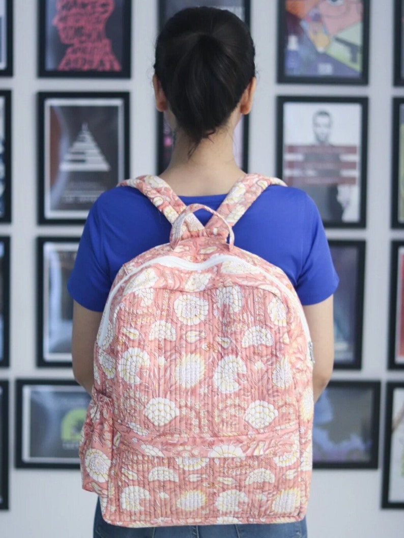 Large Cotton Quilted Block Print Laptop Backpack, Handmade School Backpack, Ladies Backpack, Bag For Women, Unisex Bag Women Trendy Backpack Quilted Backpack 01