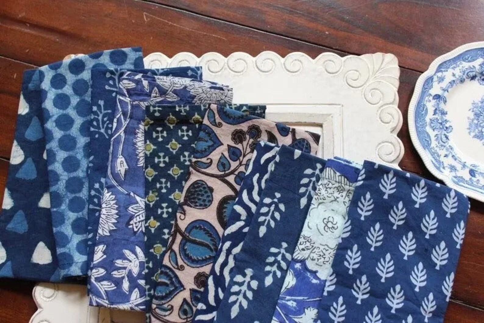 100 Cotton Fabric Napkins Set Indigo Blue Hand Block Etsy