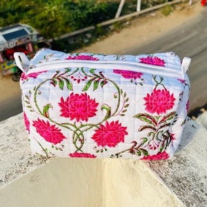 Indian Block Print Vanity Case, Cotton Quilted Unique Makeup Bag, Travel Bag Gift For Mom, Small/ Medium/ Large Size Bags Available For Sale