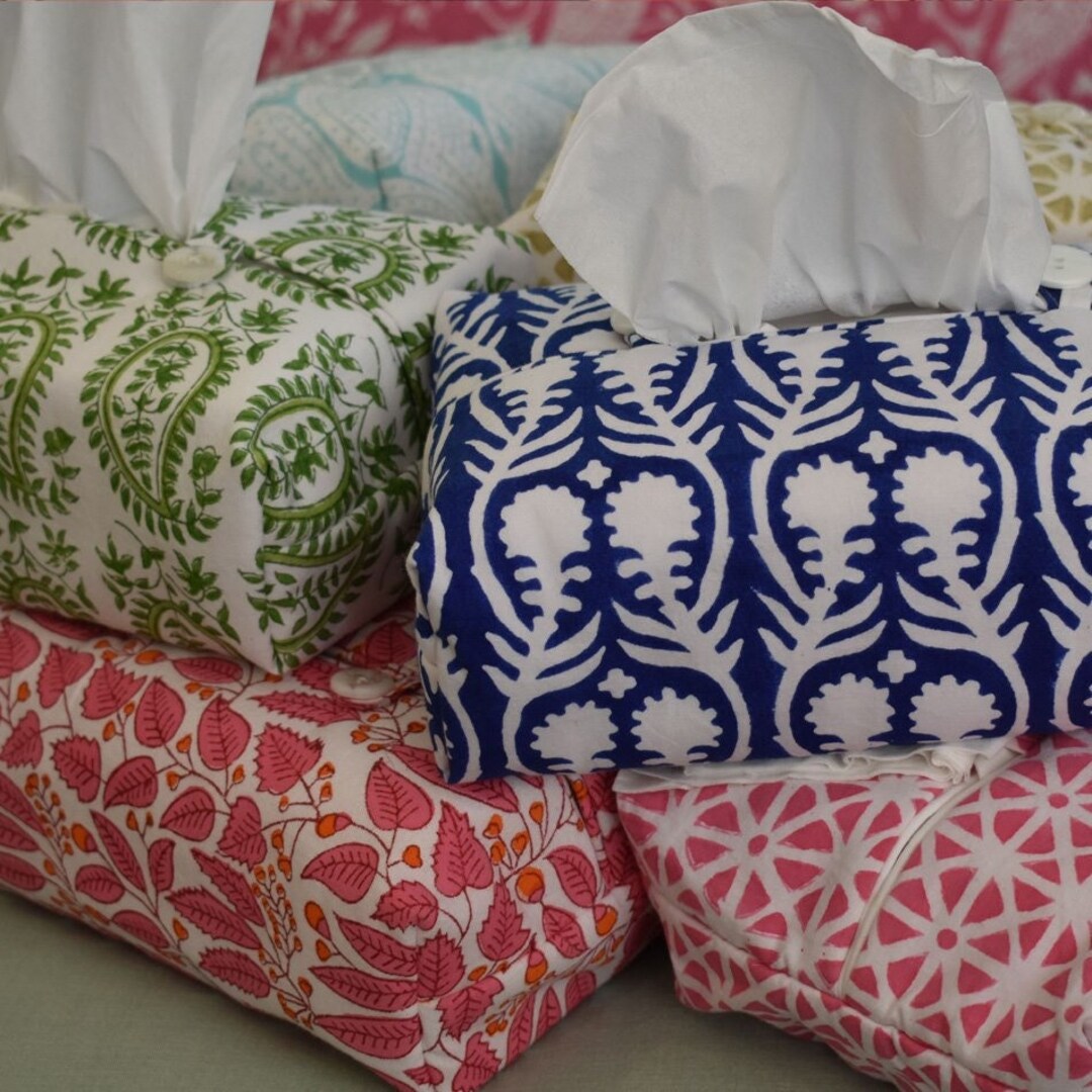 CPC Pink Sapphire Hand Block Printed Cotton Tissue Box Cover 5" X 5" X 5.5" Square Soft Reusable Boho Napkin Holder For Home Kitchen Dining Bathroom Office Cafe Spa Summer Thanksgiving - View #6