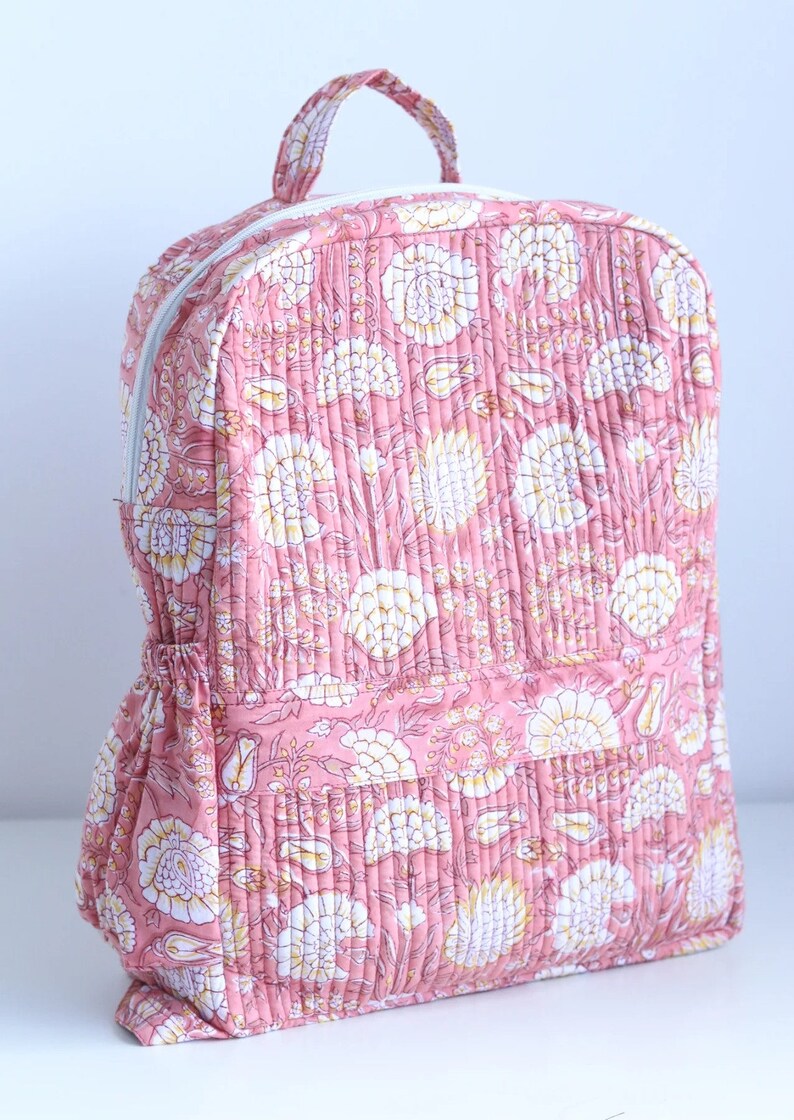 Large Cotton Quilted Block Print Laptop Backpack, Handmade School Backpack, Ladies Backpack, Bag For Women, Unisex Bag Women Trendy Backpack image 2