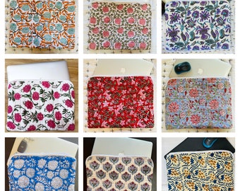 Handgemaakte laptophoes Boho Block Print Macbook Cover, laptoptas, iPad-zakje, tabletbeschermer, katoenen gewatteerde laptophoezen