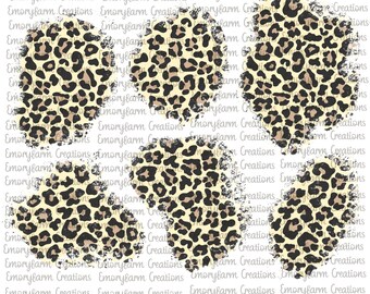 May include: Four digital clipart images of leopard print circles with a distressed, grunge effect. The circles are on a white background.