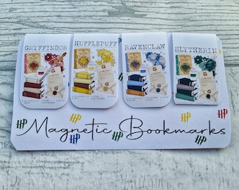 May include: Four Harry Potter themed magnetic bookmarks featuring the Hogwarts houses: Gryffindor, Hufflepuff, Ravenclaw, and Slytherin. Each bookmark features a stack of books, a house-specific symbol, and the house name.