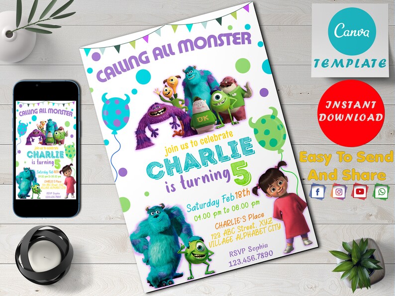 Editable Monsters Inc Birthday Invitation Template Monsters Etsy