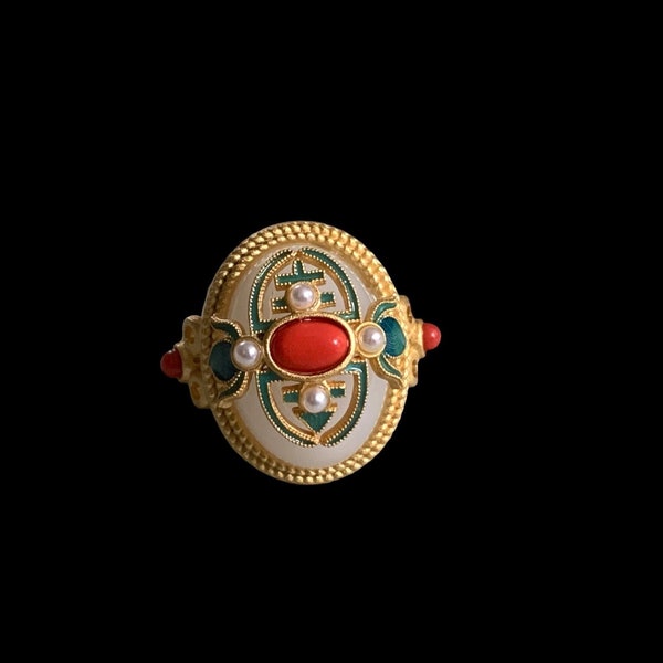 Vintage Style Cloisonne Ring,  Red Agate Ring, 24k Gold Plated Victorian Style Statement Ring