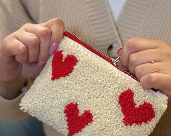 Bolsa bordada con cremallera, bolsa para cosméticos con aguja de punzón, bolsa para cosméticos hecha a mano con aguja de punzón, cierre de cremallera, regalo único para ella