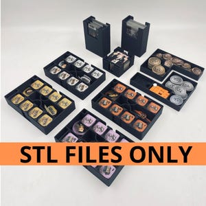 May include: Black game organizer set with multiple trays and card holders. The trays contain game pieces and cards. The text "STL FILES ONLY" is displayed on an orange banner at the bottom of the image.