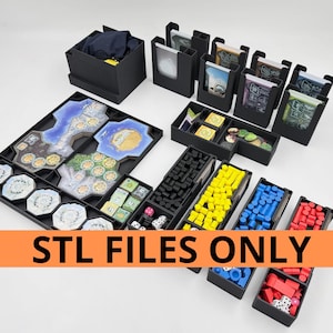 May include: A selection of black game organisers filled with game pieces, cards, and board game tiles. The organisers contain yellow, blue, and red game pieces. The image includes the text "STL FILES ONLY" on an orange banner.