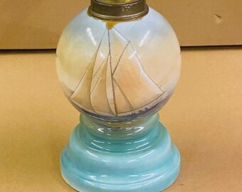 Vintage Sea Boat Scene Ceramic Oil Lamp 18" Tall ( With Chimney )