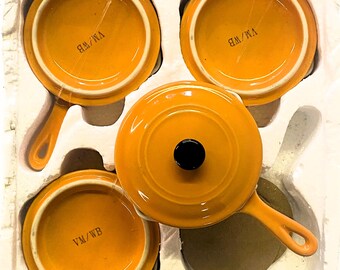 Set of 4 small orange enamelled saucepans, mini vintage frying pans, retro tableware, never used