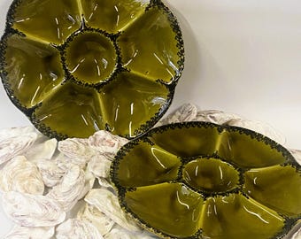 2 x Vintage Gien Oyster Plates French Brown Olive Green with Black glaze 1960's