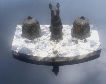 Antique French "Jamar"  Cold painted Spelter Marble Inkwell With a Dog 3kg