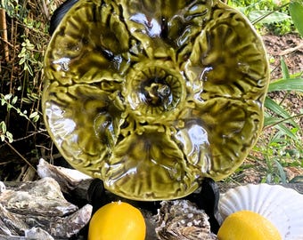 Vintage Gien Oyster Plate, French Green Olive Ceramic Platter, Mid Century 1960's