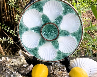 Vintage French Hand-painted  Shiny Green Oyster Plate Majolica Circa 1960s