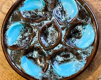 French Seafood Oyster Plate Vallauris Faience Majolica Blue Lava pattern 1960s