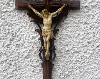 24" / 60cm Vintage Large Moulded plastic Carved Cross Crucifix Jesus Christ INRI