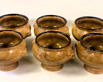 Six 6 Vintage French Lion Head Onion Soup Bowls, glazed pottery